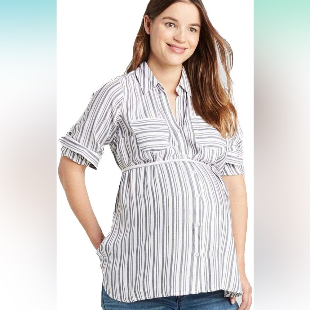 Isabel Maternity by Ingrid & Isabel Striped Button-Down Top - White and Green